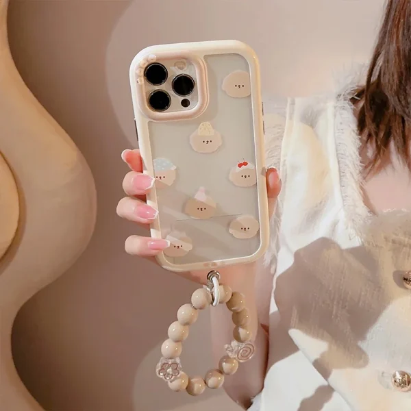 iPhone 15 Plus Cute Bear Brown Bracelet Lanyard White Bumper iPhone Soft Case